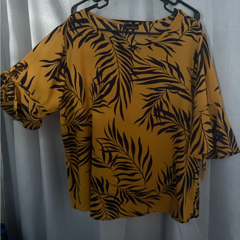 Zenobia Mustard and Black Leaf Print Blouse